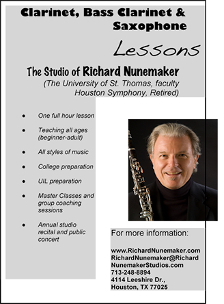 Clarinet, Bass Clarinet & Saxophone Lessons by Richard  Nunemaker, Houston Symphony Retired
